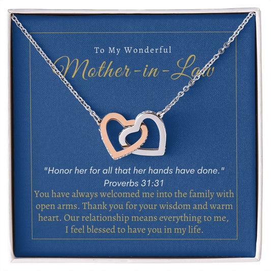 Interlocking Heart Necklace- Wonderful Mother-in-Law Scripture