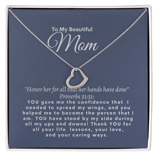 Gold Delicate Heart Necklace- Beautiful Mom Scripture